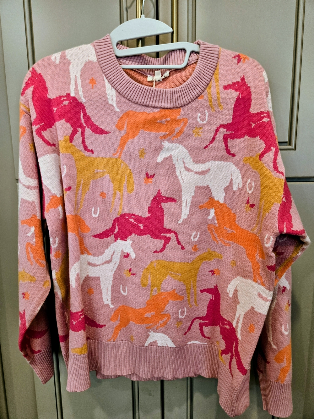 JODIFL Pink Horse-Print Crewneck Sweater with Hot Pink, Orange and White Accents
